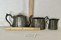 Antique Tea Set 3 Piece Pewter Silver Plate Engraved