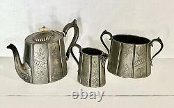 Antique Tea Set 3 Piece Pewter Silver Plate Engraved