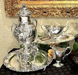 Antique Tea Set Silver Plated Reed and Barton Samovar Embossed Trays 5 Pc Set