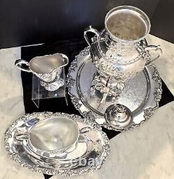 Antique Tea Set Silver Plated Reed and Barton Samovar Embossed Trays 5 Pc Set