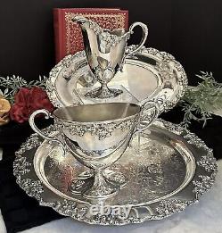 Antique Tea Set Silver Plated Reed and Barton Samovar Embossed Trays 5 Pc Set