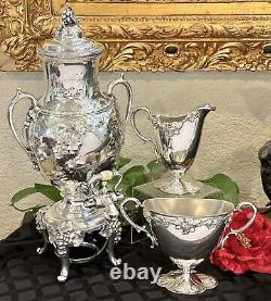 Antique Tea Set Silver Plated Reed and Barton Samovar Embossed Trays 5 Pc Set