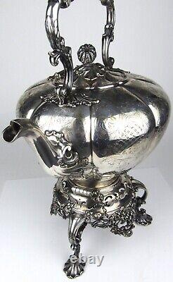 Antique Thomas & James Creswick Sheffield Silver Plate Etched Tea Pot Kettle