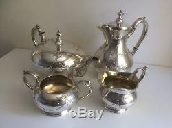 Antique Victorian 4 Piece Ornate Silver Plate Tea Set James Dixon & Sons