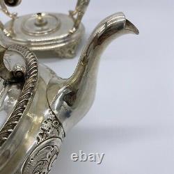 Antique Victorian Georgian Silver Plate Tea Pot With Burner & Stand Vintage