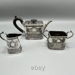 Antique Victorian Silver Plate Bachelor Cube Teapot Cream Jug Sugar Bowl Tea Set