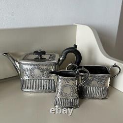 Antique Victorian Silver Plate Bachelor Cube Teapot Cream Jug Sugar Bowl Tea Set