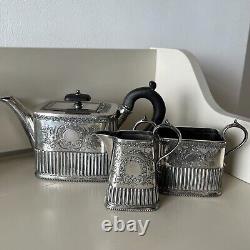 Antique Victorian Silver Plate Bachelor Cube Teapot Cream Jug Sugar Bowl Tea Set