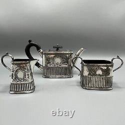 Antique Victorian Silver Plate Bachelor Cube Teapot Cream Jug Sugar Bowl Tea Set