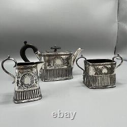 Antique Victorian Silver Plate Bachelor Cube Teapot Cream Jug Sugar Bowl Tea Set