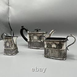 Antique Victorian Silver Plate Bachelor Cube Teapot Cream Jug Sugar Bowl Tea Set