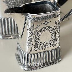 Antique Victorian Silver Plate Bachelor Cube Teapot Cream Jug Sugar Bowl Tea Set