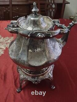 Antique Victorian Silver Plate Tea Kettle On Stand With Crest