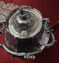 Antique Victorian Silver Plate Tea Kettle On Stand With Crest