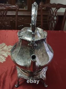 Antique Victorian Silver Plate Tea Kettle On Stand With Crest