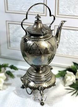 Antique Victorian Spirit Kettle Silver Plate Tea Pot with Stand Locking Keys