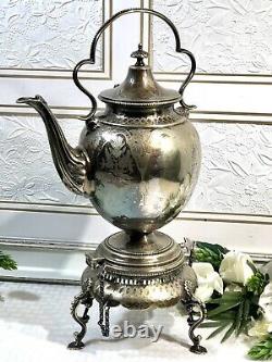 Antique Victorian Spirit Kettle Silver Plate Tea Pot with Stand Locking Keys