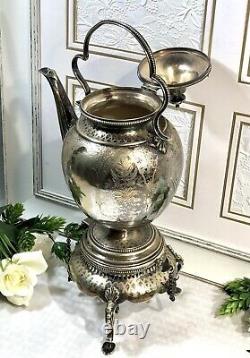 Antique Victorian Spirit Kettle Silver Plate Tea Pot with Stand Locking Keys