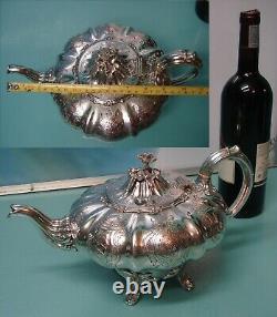 Antique Victorian silver PL. Pumpkin shape ornate raised relief engraved Tea Pot