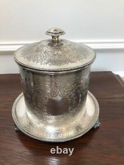 Antique Vintage Engraved Silver Tobacco Tea Coffee Footed Biscuit Barrel Marked