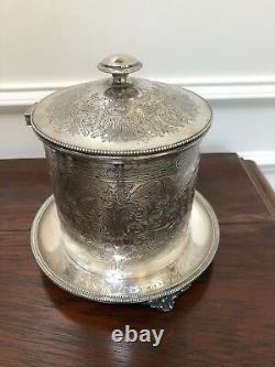 Antique Vintage Engraved Silver Tobacco Tea Coffee Footed Biscuit Barrel Marked