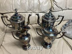 Antique Vintage Manhattan Plate Silver Plated Tea Coffee Set 4 Pc Set + Tray