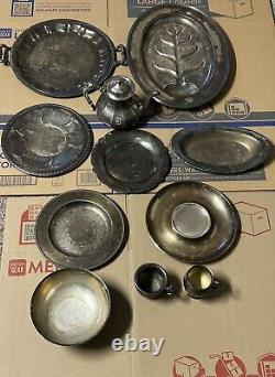 Antique Vintage Silver Plated Tea Set Tray Creamer Plate Silverware Lot Of 11