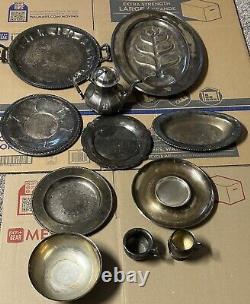 Antique Vintage Silver Plated Tea Set Tray Creamer Plate Silverware Lot Of 11