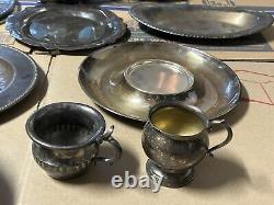 Antique Vintage Silver Plated Tea Set Tray Creamer Plate Silverware Lot Of 11