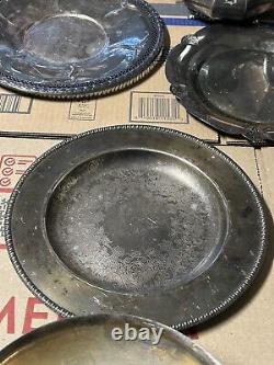 Antique Vintage Silver Plated Tea Set Tray Creamer Plate Silverware Lot Of 11