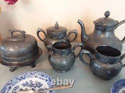 Antique WM Rogers and Pairpoint Quadruple Plate Tea Set with Butter Dish