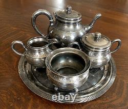 Antique Wilcox Quadruple Silver Plate 5 pc Tea Set Animal Theme Monogram B