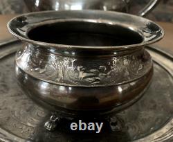 Antique Wilcox Quadruple Silver Plate 5 pc Tea Set Animal Theme Monogram B