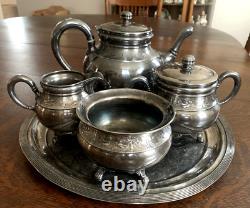 Antique Wilcox Quadruple Silver Plate 5 pc Tea Set Animal Theme Monogram B