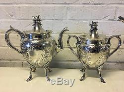 Antique Wilcox Silver Plated 5 Piece Tea Set with Bird In Nest Finial & Hoof Feet
