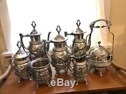 Antique set of 7 MERIDEN B. CO. SILVERPLATE TEA COFFEE SERVICE Victorian Birds