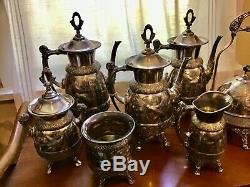 Antique set of 7 MERIDEN B. CO. SILVERPLATE TEA COFFEE SERVICE Victorian Birds