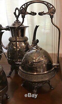 Antique set of 7 MERIDEN B. CO. SILVERPLATE TEA COFFEE SERVICE Victorian Birds