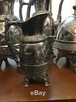 Antique set of 7 MERIDEN B. CO. SILVERPLATE TEA COFFEE SERVICE Victorian Birds