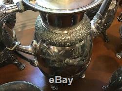 Antique set of 7 MERIDEN B. CO. SILVERPLATE TEA COFFEE SERVICE Victorian Birds