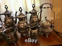 Antique set of 7 MERIDEN B. CO. SILVERPLATE TEA COFFEE SERVICE Victorian Birds