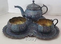 Arabic Silver & Enamel Set Tea Pot, Sugar Creamer w Snake Handle & Matching Tray