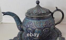 Arabic Silver & Enamel Set Tea Pot, Sugar Creamer w Snake Handle & Matching Tray
