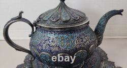 Arabic Silver & Enamel Set Tea Pot, Sugar Creamer w Snake Handle & Matching Tray