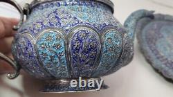 Arabic Silver & Enamel Set Tea Pot, Sugar Creamer w Snake Handle & Matching Tray