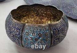 Arabic Silver & Enamel Set Tea Pot, Sugar Creamer w Snake Handle & Matching Tray