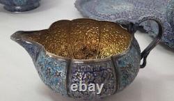 Arabic Silver & Enamel Set Tea Pot, Sugar Creamer w Snake Handle & Matching Tray