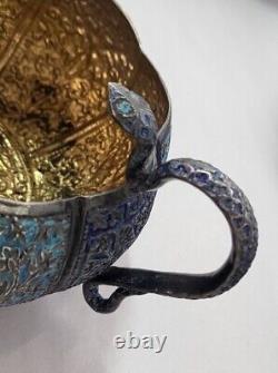 Arabic Silver & Enamel Set Tea Pot, Sugar Creamer w Snake Handle & Matching Tray