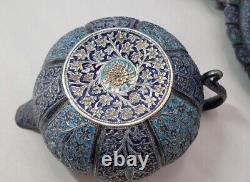 Arabic Silver & Enamel Set Tea Pot, Sugar Creamer w Snake Handle & Matching Tray