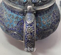 Arabic Silver & Enamel Set Tea Pot, Sugar Creamer w Snake Handle & Matching Tray